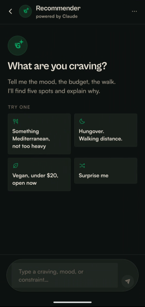 The Grubble Eats AI recommender turning a craving into a tailored stack with reasoning.
