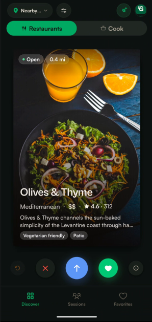 Grubble Eats deck card showing a real restaurant with photo, rating, and AI-generated description.