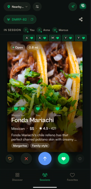 A live multi-person Grubble Eats session — friends swiping the same restaurant stack in real time.