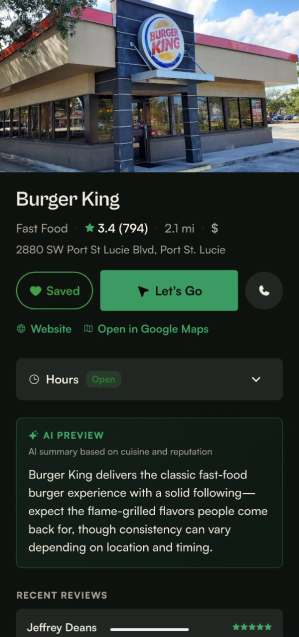 A Grubble Eats restaurant detail screen with an AI vibe preview, reviews, and key info.